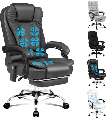 ALFORDSON Bürostuhl mit ergonomischer Lordosenstütze, Schreibtischstuhl mit Armlehne und Rückenlehne, Drehstuhl mit Massagefunktion, PU Material, höhenverstellbar, Grey, Kunstleder