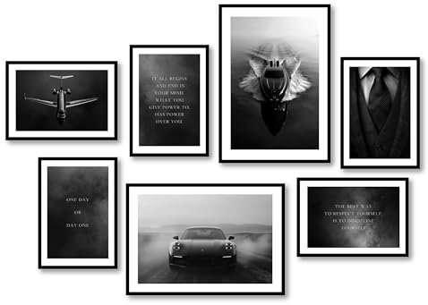 MJ-GRAPHICS® - Mood Poster Set Bilder Büro, Wandbilder Wohnzimmer Deko, Wandbild Porsche, Motivation, 2xA2 5xA3 Poster & Kunstdrucke Schwarz Weiß Bilder Schlafzimmer, Bilder Modern Bilder ohne Rahmen