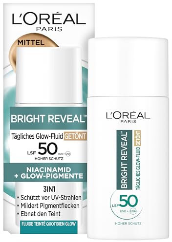 L'Oréal Tägliches Getöntes UV Glow-Fluid LSF 50, Niacinamid + Glow-Pigmente, Farbe: Mittel, Bright Reveal, 1 x 50 ml