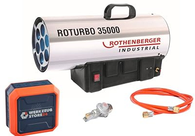Rothenberger Industrial RoTurbo 35000 Gasheizgebläse mit Piezo | 1000° Flammentemperatur, inkl. Schlauch und Regler, Bluetooth Lautsprecher, bis 30 Std. Betriebszeit