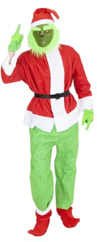 Rubies Costume da Grinch per Adulto - Giacca, Pantaloni, Cintura, Copristivali, Guanti, Cappello e Maschera - Mostro Verde per Natale, Abiti Natalizi, Cosplay, Babbo Natale