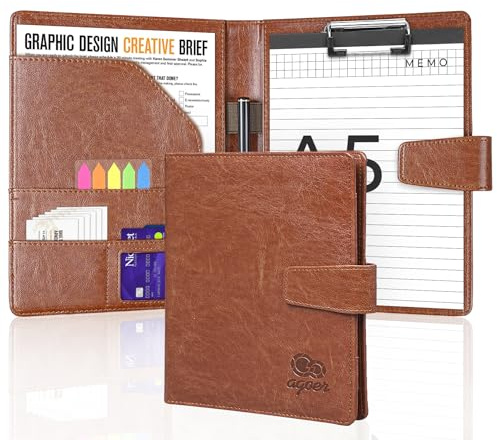 Agoer Schreibmappe A5 Klemmbrettmappe, Leder Konferenzmappe DIN-A5 mit Magnetverschluss, Schreibbrett Klemmbrett inklusive A5 Notizblock und Stift -Braun