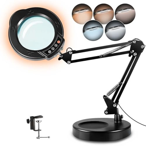 12 x Magnifying Glass with Light, Magnifying Light with Light and Stand, 5 Colour Modes, Continuously Dimmable, Upgrade 84 LED Magnifying Lamp, Stand Magnifier with Lighting for Close-up Work, Hobby