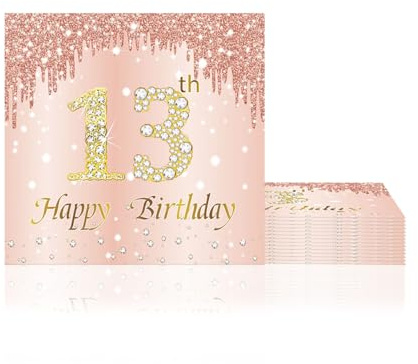 Rosa Servietten 13. Geburtstag Mädchen, 20 Stück 33 X 33cm Happy Birthday Papier Servietten 13 Deko, 2-Lagig Cocktail Serviette 13 Geburtstag für Feier Jubiläum Tischdekoration