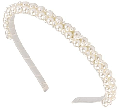 Cerchietto per capelli da donna, con perline e perle, per matrimonio e uso quotidiano (bianco, standard)