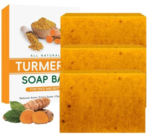 Barra di sapone curcuma per viso, fatto a mano corpo bagno sapone corpo pelle liscia idratante lenitivo, anche tono della pelle, per tutti i tipi di pelle, uomini e donne (3 pezzi)
