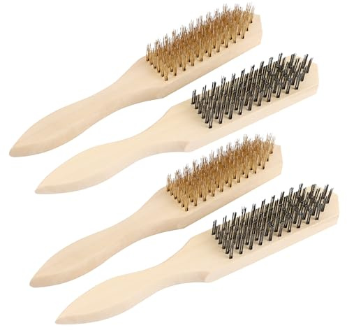 4 Pièces Brosse Métallique avec Manche en Bois, 27cm Brosse Metallique a Main en Laiton, Brosse Métallique Set, pour Nettoyer la Rouille et la Saleté