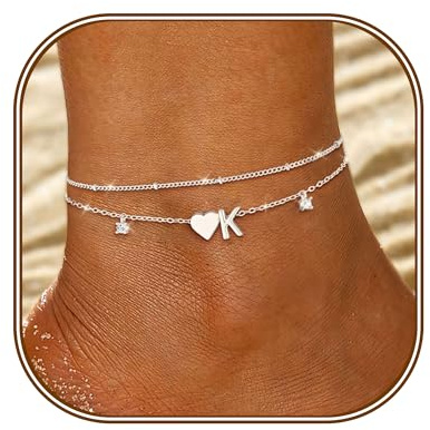 FUNEIA Fußkettchen Für Damen Silber 925/14K Gold Vergoldet Buchstaben Fussketten Für Frauen Wasserfester Herz Layered CZ Fußkette Boho Verstellbar Fusskette Fußschmuck Geschenke für Mädchen