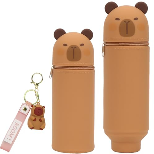 2-in-1 Schulmäppchen aus Weichem Silikon, Kawaii Federmäppchen, Capybara Tischstifthalter mit Schlüsselanhänger, Stand Up Mäppchen, Weiche Silikontasche, Tier Stifthalter für Studenten Reißverschluss