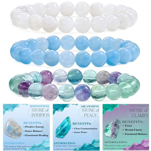 Bivei 3 Pezzi 6mm Bracciale Donna - Moonstone, Acquamarina, Fluorite - Bracciali con Elastico con Pietre Naturali, Gioielli con Perline Fatto a Mano per Yoga, Meditazione, Protezione e Regalo