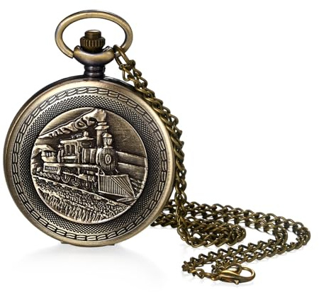 JewelryWe Taschenuhr Herren Damen Vintage: Retro Analog Quarz Kettenuhr Uhr Umhängeuhr mit Halskette Kette Pocket Watch Bronze Unisex Geschenk