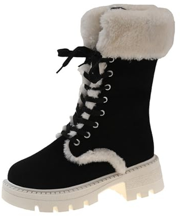 Stövlar dam Mid Calf stövlar höst och vinter damstövlar med tjock sula, långt rör, sammet, varm, för snörning, runt tåområde, fashionabla, klassiska, medelhöga skaft gummistövlar korta, svart, 39 EU