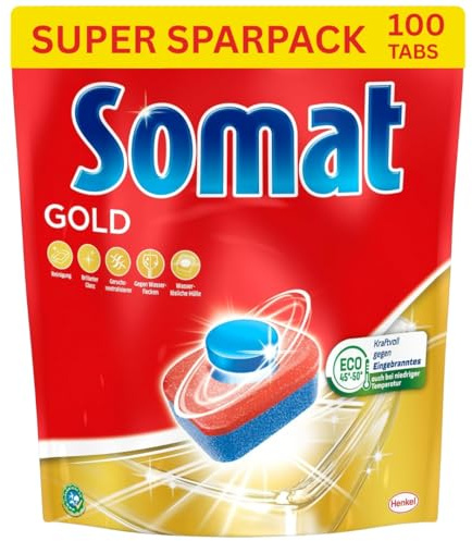 Somat Gold Spülmaschinen Tabs 100 Tabs Super Sparpack, Geschirrspül Tabs für strahlend sauberes Geschirr auch bei niedrigen Temperaturen, Extra-Kraft gegen Eingetrocknetes