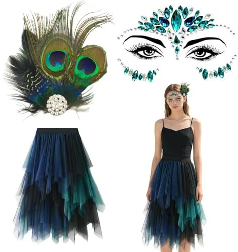 Shinybox Pfauen Kostüm Damen, 4 Stück Pfauenfedern Spitzen Maske, Pfau Haarschmuck, Glitzersteine Gesicht und Ohrringe, Pfau Festival Accessoires Rave Outfit Feder Fascinator Halloween Cosplay