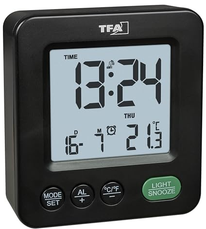 TFA Dostmann 60.2567.01 - Mini despertador digital con radio, alimentado por batería, temperatura interior, ajuste de zona horaria, duración de repetición personalizable, día de la semana, color negro