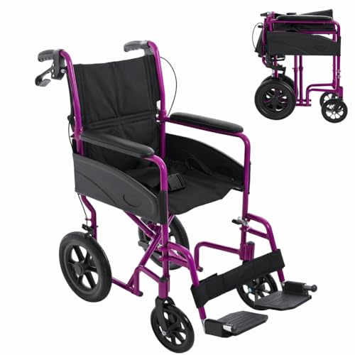 Lightweight Aluminium Folding Transit Compact Travel Wheelchair Net Carry Weight Only 9.5kg, Seatbelt, Attendant Brakes, Adjustable Footrests (Purple, Wide)