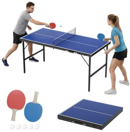 UISEBRT Mini bordtennisbord hopfällbar 152,5 x 76 cm, MDF bordsskiva med metallram, komplett ping pong set med 2 racketar, 5 bollar, nätväska, inomhus och väderskyddat utomhusbord, blå