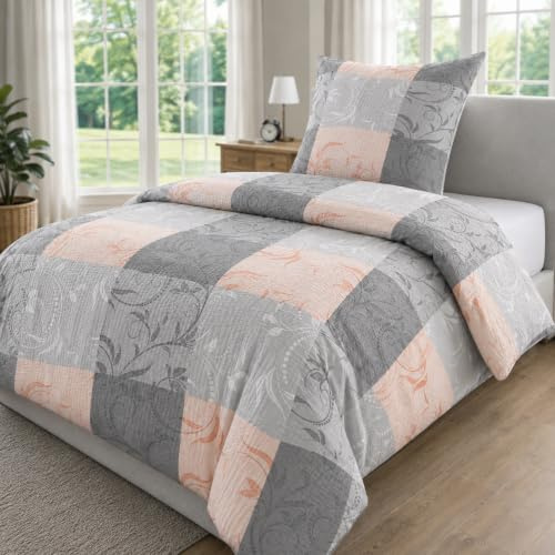 2 teilige Seersucker Bettwäsche, 1x 155x220 + 1x 80x80 cm, Ranke-Rose | Reißverschluss, ÖkoTex-100, weich und angenehm auf der Haut, frisches Schlafklima, pflegeleicht und langlebig