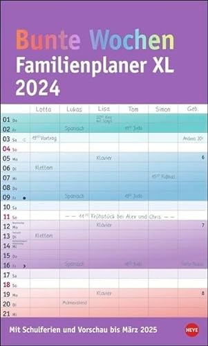 Bunte Wochen Familienplaner XL 2024. Familienkalender mit 6 Spalten. Praktischer Familien-Wandkalender mit Schulferien. Extra breiter Terminkalender.