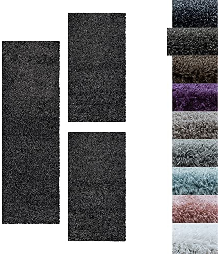 SIMPEX Bettumrandung Schlafzimmer 3teilig Shaggy Hochflor Teppich Grau Bettset: 2 mal 60x110 + 1 mal 80x250 - Schlafzimmer Teppich 3 Teilig Läufer Extra Weich Flauschig Bettvorleger Läuferset Halı