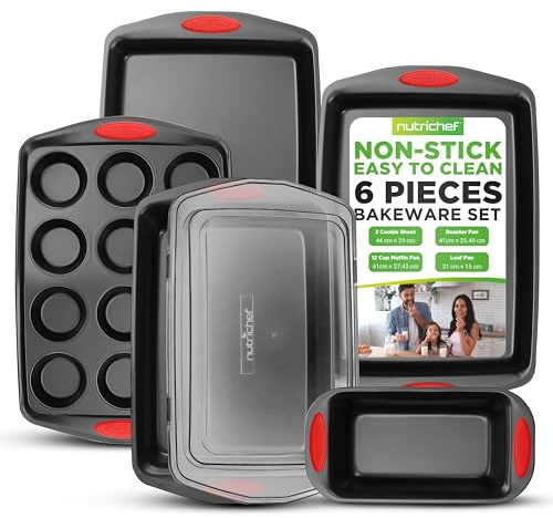 NutriChef Nonstick Bakeware Set with Red Silicone Handles, 6-Piece Carbon Steel Cookie Sheet Tray, PFOA PFOS PTFE Free Non Toxic Kitchenware for Baking Cakes Cookies Bread and Apartment Essentials
