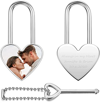 ACBungji Liebesschloss mit Foto Name Datum Gravur und Schlüssel Liebe Schloss Legierung Vorhängeschloss Personalisierte Geschenke für Paare Freunde Freundin Liebhaber Familie, Silber
