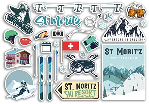 A5 Aufkleberbogen St Moritz Vinyl Aufkleber - Schweiz Schweizer Skigebiet Berge Snowboard Urlaub Flagge Reise Schnee Sport Gepäck Scrapbooking #79056