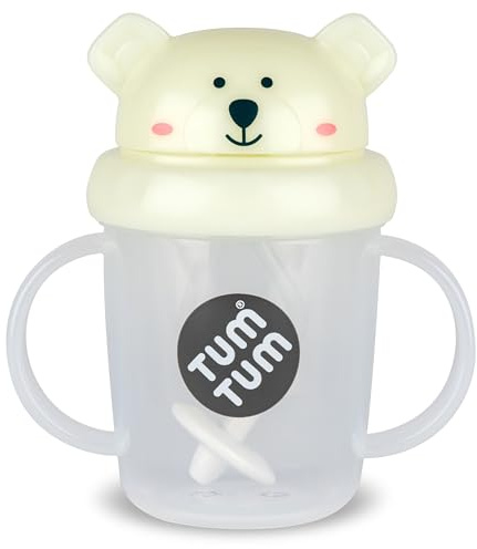 TUM TUM Tasse avec paille lestée, Tasse anti-fuite, Tasse d’Apprentissage pour Bébé, Couvercle Rabattable, Paille en Silicone (Pete l’Ours Polaire 200ml)