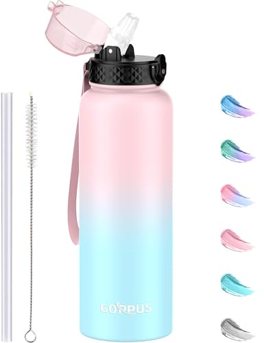 GOPPUS 1.2L/40oz Edelstahl Wasserflasche mit Strohhalm 1.2 Liter Heiße Thermosflasche Doppelwandige Stahl Wasserflaschen Isolierte Wasserflaschen Auslaufsichere Kalte Wasserflasche Erwachsene Flip Top