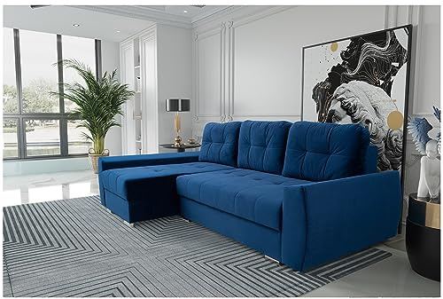 MEBLINI Schlafcouch mit Bettkasten - Kleines Ecksofa mit Schlaffunktion - Sofa mit Relaxfunktion und Kissen - Kleine Couch L-Form - Eckcouch - FURLA - 250x151x90cm Links - Blau Samt