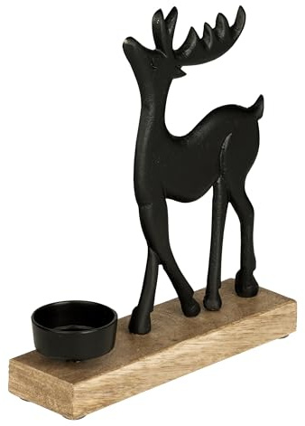 EGLO LIVING Teelichthalter mit Deko Rentier Baliguian | Weihnachtsdeko Fensterbank Wohnzimmer, Tischdeko Weihnachten Hirsch Reh, Holz in Natur und Metall in Schwarz, 18 x 20 cm