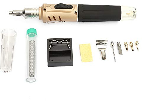 Kit de Soldador de Gas, 10PCS HS-1115K Kit de Soplete de Soldadura Inalámbrico de Soldador de Gas Butano Multifunción (Mango dorado)