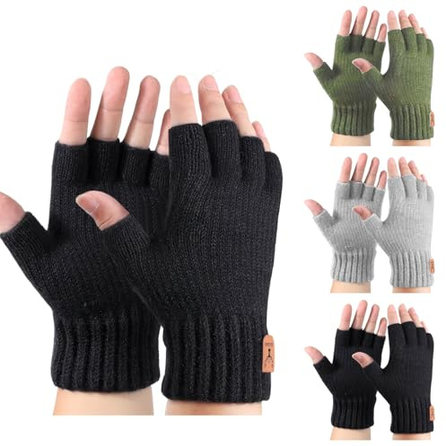MADGININE 3 Pair Fingerless Gloves for Men Women - Winter Warm Half Finger Thermal Plush Knitted Gloves for Outdoor Driving, Typing, Working, Running, Cycling