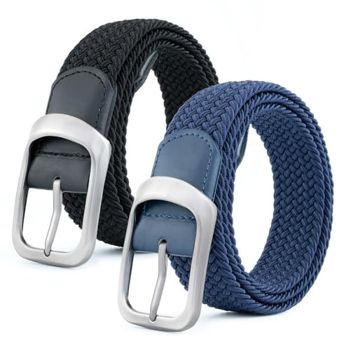 BOZEVON Elastischer Gürtel Herren - Geflochtener Stretchgürtel Unisex Gewebter Gürtel Lässiger Gürtel Verstellbar Stretchgürtel Männer Flechtgürtel (Schwarz Silber + Blau)