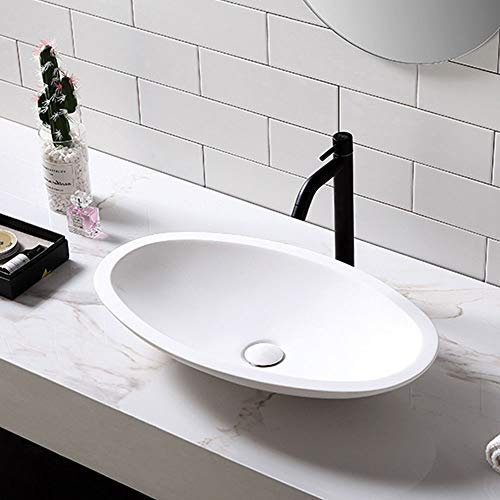 Moderno lavandino in pietra artificiale sopra il bancone, lavandino da bagno ovale, lavandino da appoggio con scarico, lavandino da appoggio, lavabo artistico per lavabo, mobiletto da lavabo, grande