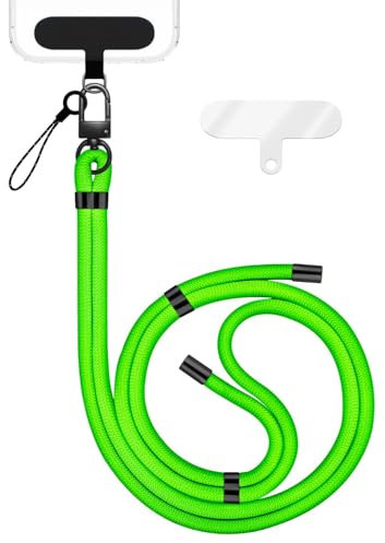 NALIA HoldMe Catena Universale per Smartphone & Custodie per Cellulari, Cordino in Nylon Regolabile e Staccabile, Laccetto da Collo, Laccio con Moschettone (nero) & 2 Patch, Colore:Verde Neon