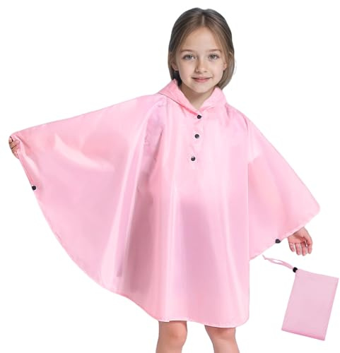 Keyck Poncho Pluie Enfant, Léger Respirant Garçons Filles Imperméable avec Capuchon, Unisexe Mignon Cape de Pluie Veste Imperméables Mignon Réutilisable Vêtements 6-10 Ans, Rose