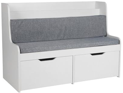 Relaxdays Kinderbank mit Stauraum, HxBxT: 70 x 100 x 45 cm, Lesebank, 2 Schubladen, Buchablage, Sitzpolster, weiß/grau