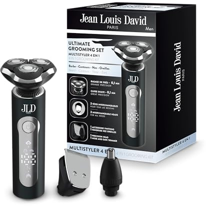 Jean Louis David Rasoir Barbe Électrique 4 en 1 – Rasage 0,1 mm – Tondeuse Nez, Oreilles Et Finitions – Têtes Flottantes Précises – Batterie Lithium Rechargeable USB-C – Set Complet Grooming Homme