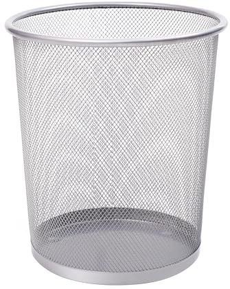 KEPLIN Round Trash Can - 1 Pack Silver Non-slip Mesh Bin, Stylish & Sturdy Metal Can for Home, Bedroom, Office, Bathroom, Living Room & Kitchen - Indoor Garbage Bin with Sleek Design