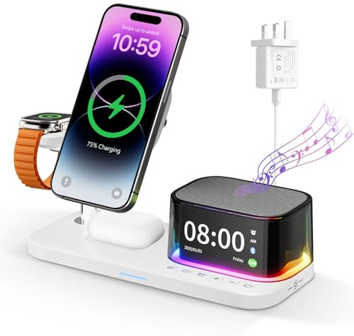 6 In 1 Wireless Charging Station with Qi2.2 25W Fast Charge For iPhone | 33W Plug Included,Alarm Clock,Light,Bluetooth Speaker,Wireless Charger For iPhone17 16 15 14 13 Pro Max Apple Watch AirPods