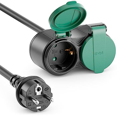 deleyCON 3,0m Cavo di Prolunga da Esterno IP44 (H07RN-F 3G1.5mm²) Cavo Elettrico di Prolunga in Gomma Resistente alle Intemperie per Uso Esterno - Spina con Contatto di Protezione a 2 Prese - Nero