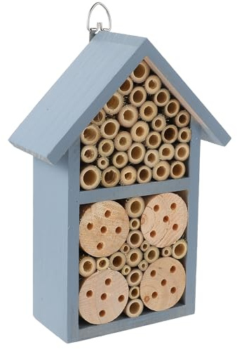 TINEASUR Insektenholzhaus für Garten mit Blauem Eisenhaken Dekoratives Bienenhotel und Nisthilfe zum Aufhängen für Wildbienen und Marienkäfer im Winter