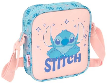 Safta | Bandolera Infantil Disney Stitch Ohana, Bolsito Cruzado con Correa Ajustable, Cierre de Cremallera, Diseño Azul y Rosa con Estampado Stitch, Medidas 16x4x18 cm