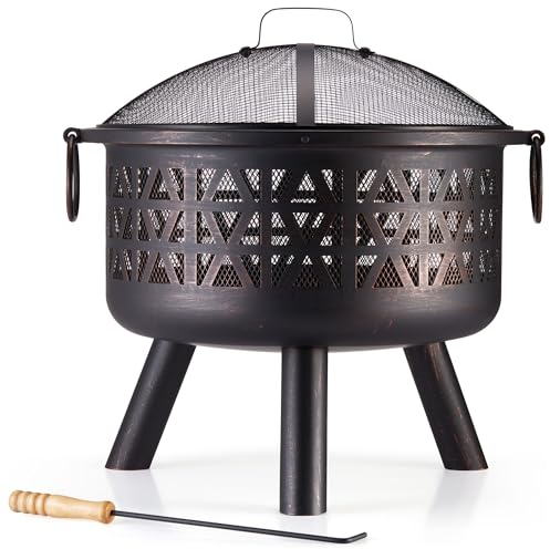 VonHaus Fire Pit – Firepit for Outdoor, Garden, Patio – Portable, Lightweight with Geometric Design, Brown Bronzed Steel, Fire Poker & Mesh Guard Included, Carry Handles – Use Wood or Charcoal to Fuel