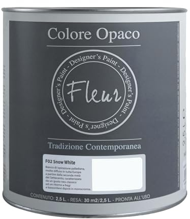 FLEUR DESIGNER'S PAINT | Pittura Chalk Paint Opaca, 2,5 L, Senza Carteggiare, Multisuperficie, Colore F02 Snow White, Effetto Gesso, Per Pareti e Mobili, Extra Opaco, Ad Acqua, Made in Italy