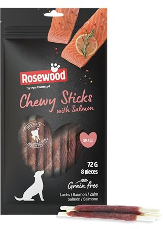 Rosewood Chewy Sticks Saumon Petit – Bâtonnets à mâcher pour Chien au Saumon et Peau de bœuf, favorisent Les Soins dentaires, sans céréales, sans additifs artificiels, 72 g