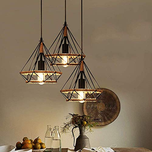 E27 Retrò Corda a Canapa Lampada a Sospensione Gabbie a diamanti Lampadario a 3 teste Industriali Luce pendente in Ferro luce di soffitto per soggiorno sala da pranzo ristorante bar hotel (A)