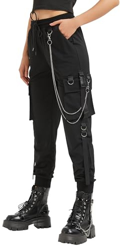 MEINVQIAOTI Pantalon Cargo Noir pour Femme Techwear pour Femme Style Rock décontracté avec chaîne