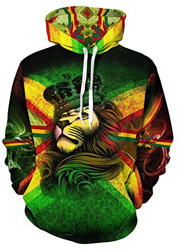 3D-huvtröjor för män kvinnor kung jamaicansk flagga lejon huvtröja rasta vardaglig tröja med huva, 3D-tryck, XL